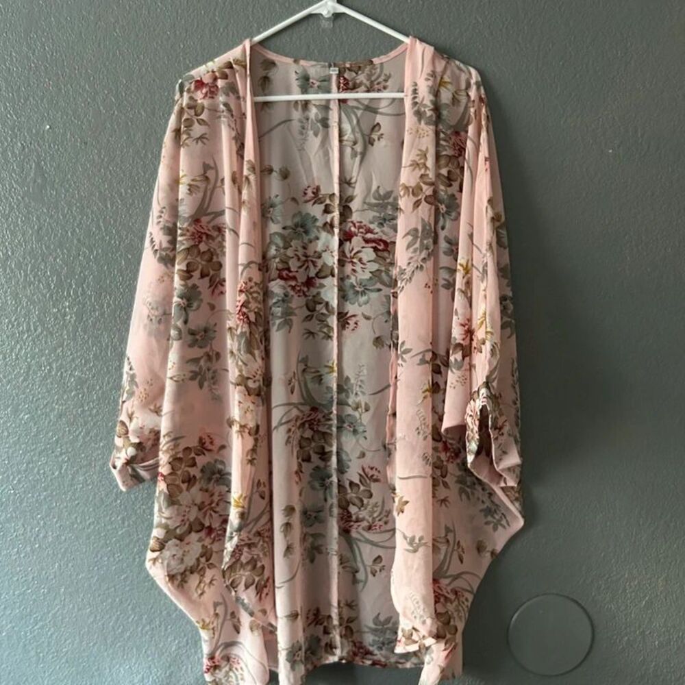 Pink Floral Sheer Kimono Cardigan Open Front Draped Top 2XL Cover Up